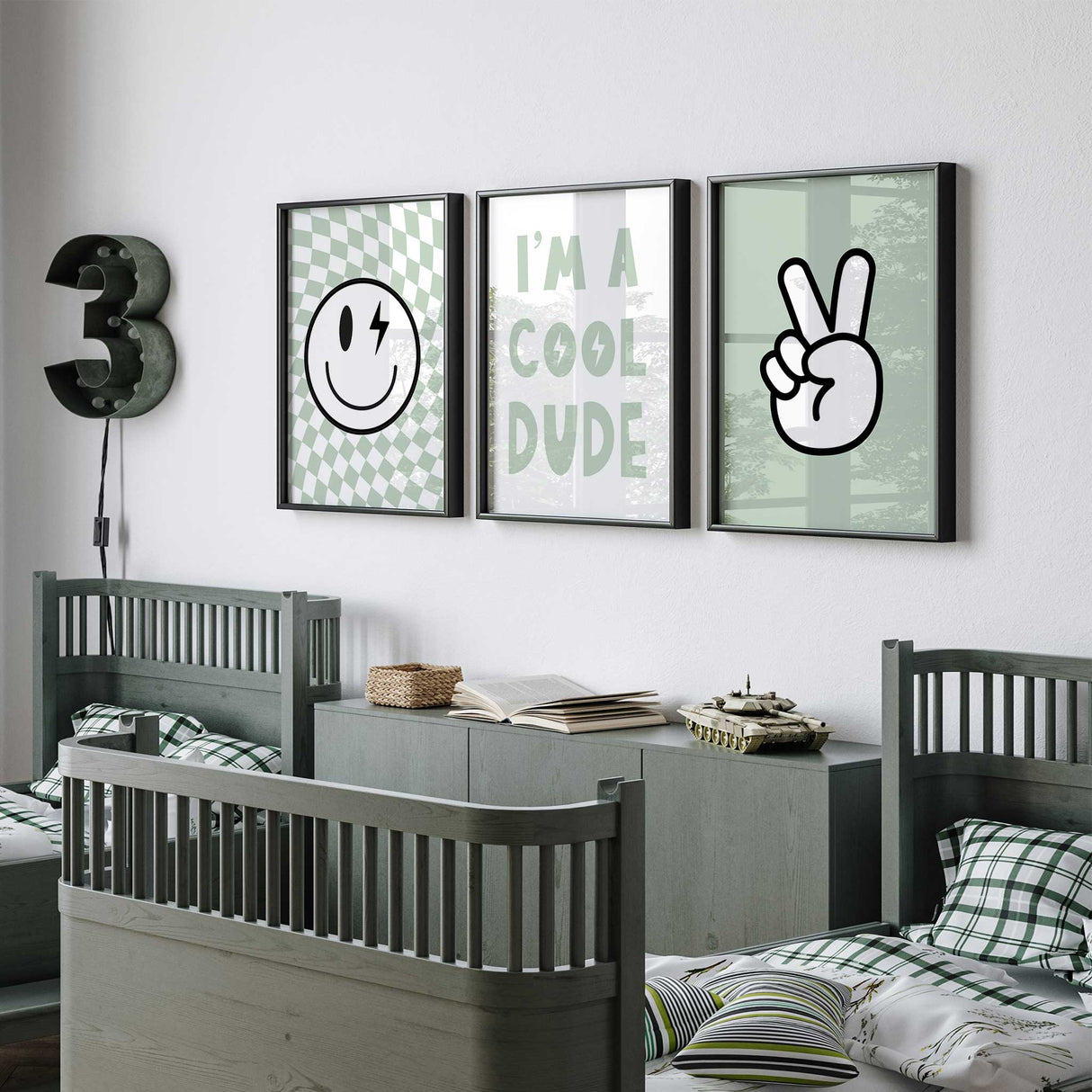 Toddler peace sign wall print in green and black, perfect for modern boys room decor.