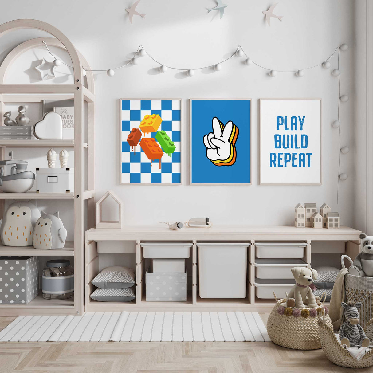 Fun and colorful playroom art for boys featuring toy-themed digital illustrations