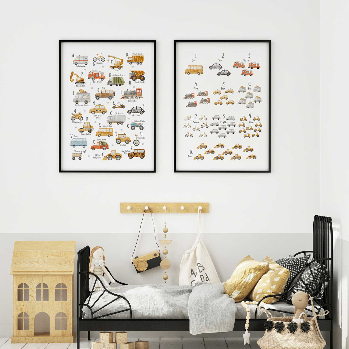 Transport themed ABC and 123 wall art set with illustrated vehicles for boys bedroom décor and learning.