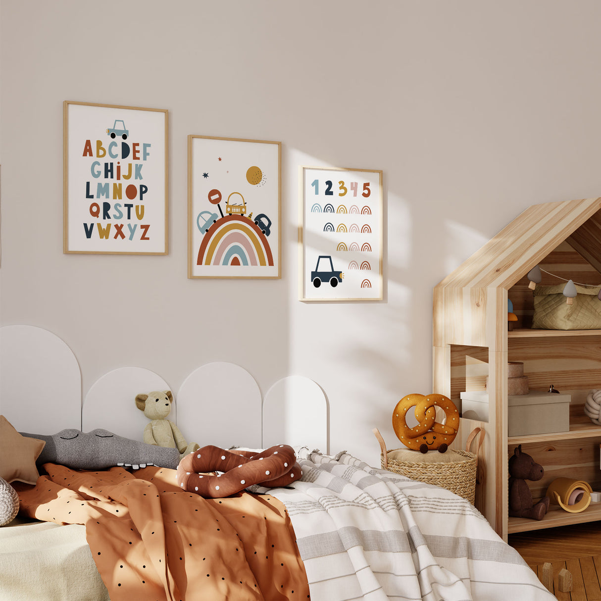 Transport boys wall art set featuring alphabet, rainbow car print and counting poster in soft blue, mustard and terracotta tones for boys bedroom decor