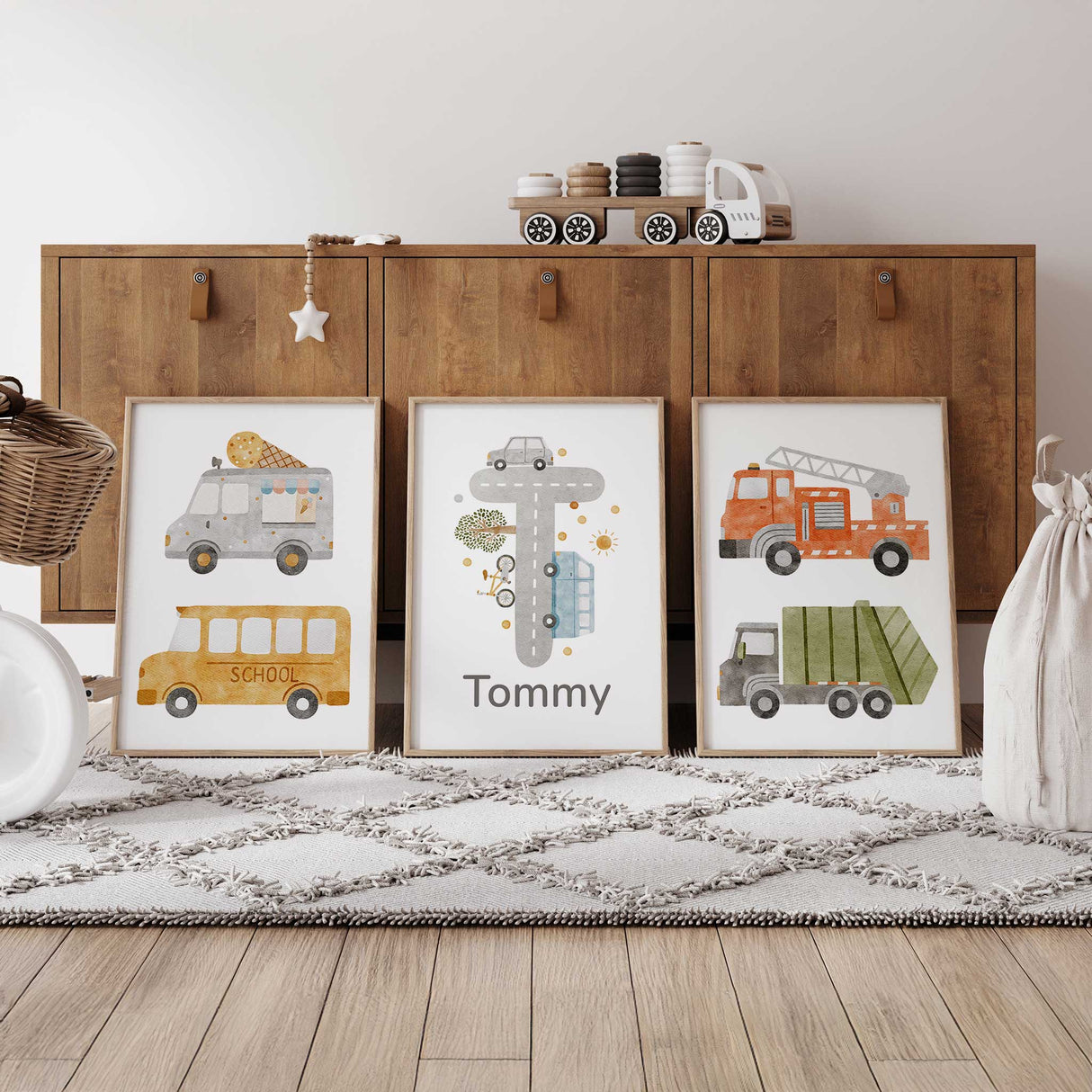 Personalised transport nursery print set with road letter and vehicles