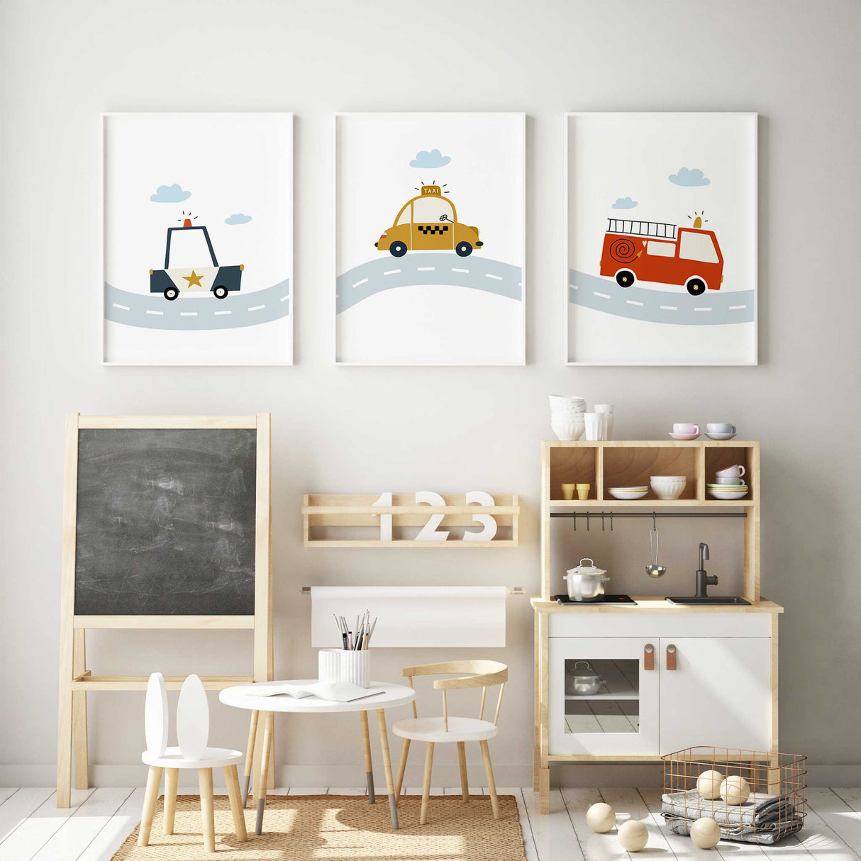 Kids transport wall art set featuring police car, taxi and fire truck prints on a road for nursery or boys bedroom decor