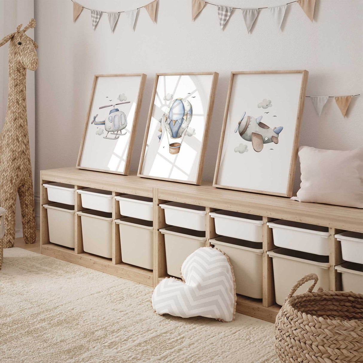 Set of 3 boys nursery prints with soft vintage transport theme, helicopter, balloon, and plane.