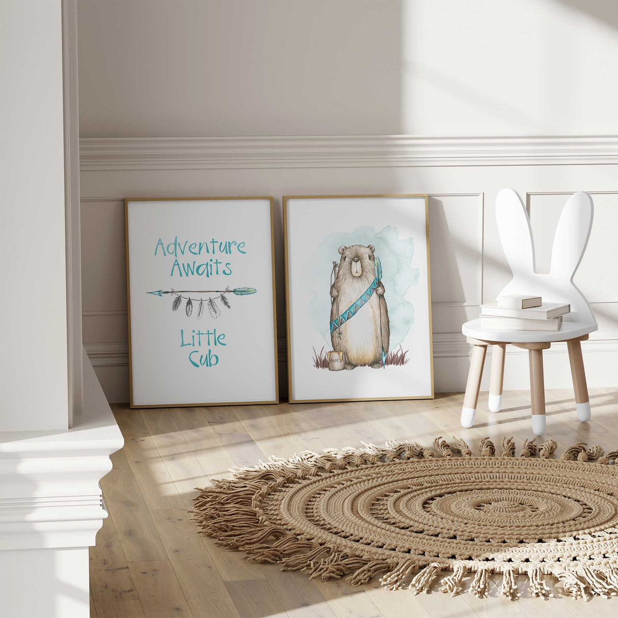 Boho tribal bear wall art for kids rooms with blue feather detail, perfect for woodland themes