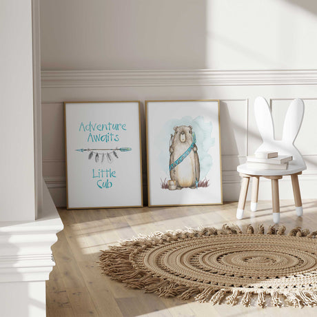 Boho tribal bear wall art for kids rooms with blue feather detail, perfect for woodland themes