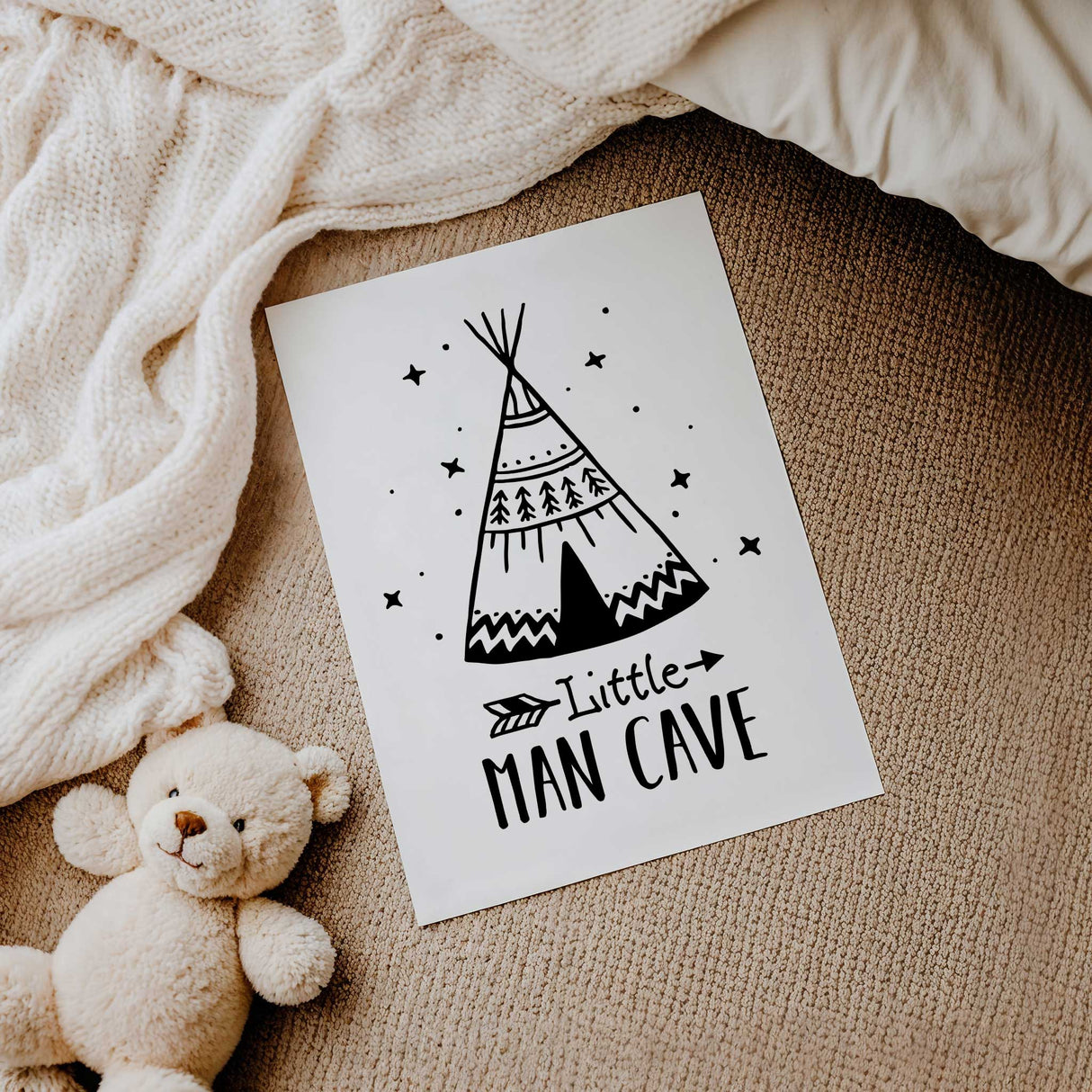 Modern nursery wall print with Little Man Cave text and tribal teepee design