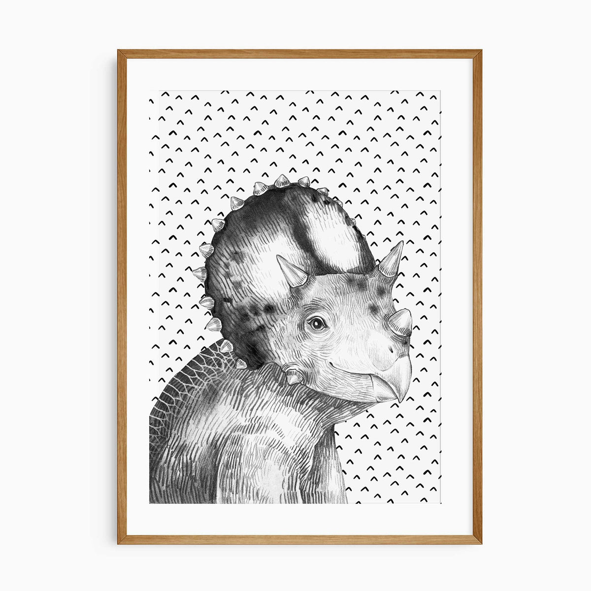 Black and grey Triceratops portrait with detailed horns and frill against a white background patterned with black marks.