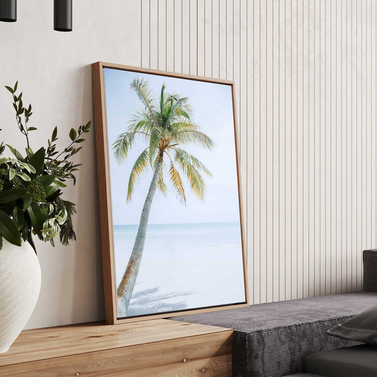 Tropical coastal photography print with palm tree and blue sea backdrop