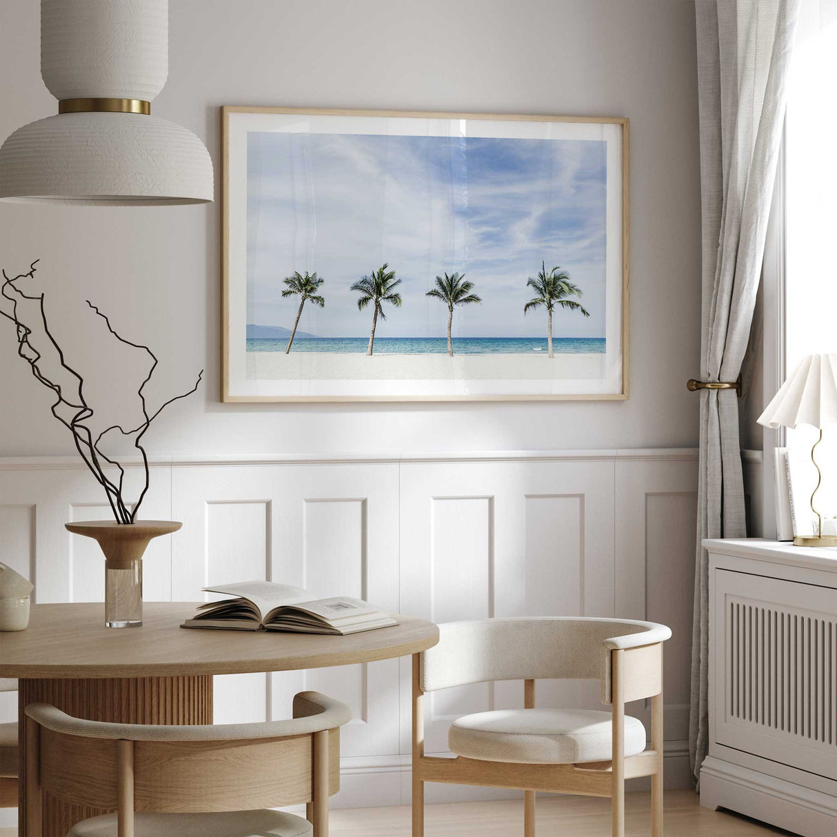 Tropical palm tree photography print with a calm beach and ocean scene for bedroom, hallway or living room wall art.