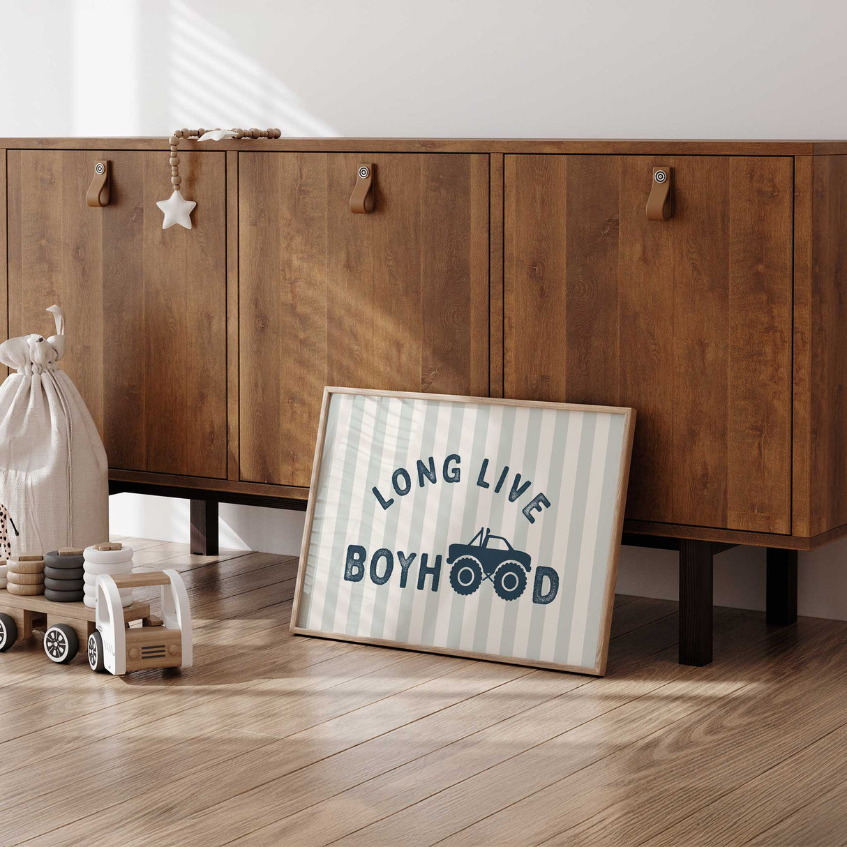 Long Live Boyhood nursery print with monster truck illustration