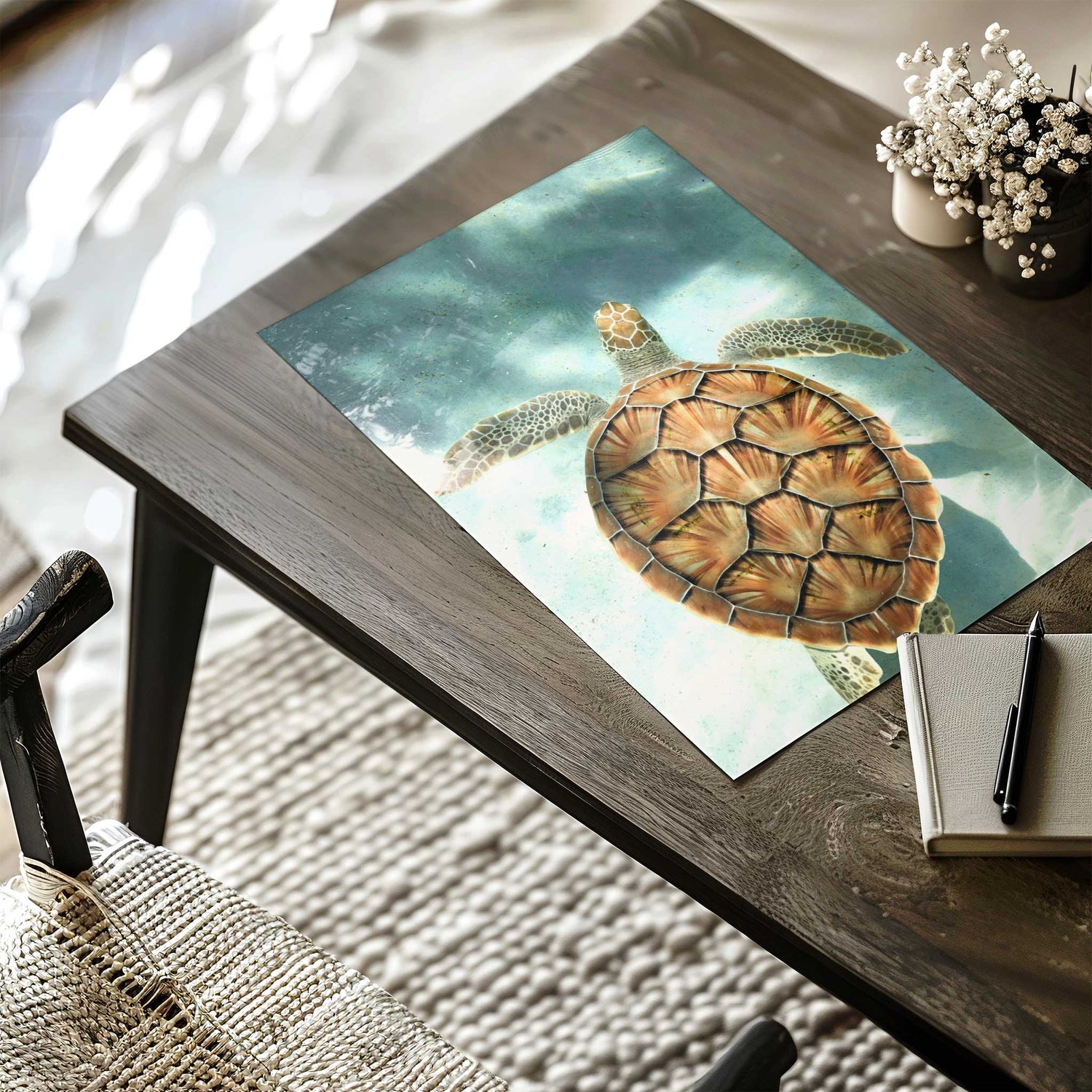 Turtle wall art print for beach home decor or coastal living rooms, printed on premium photo paper.