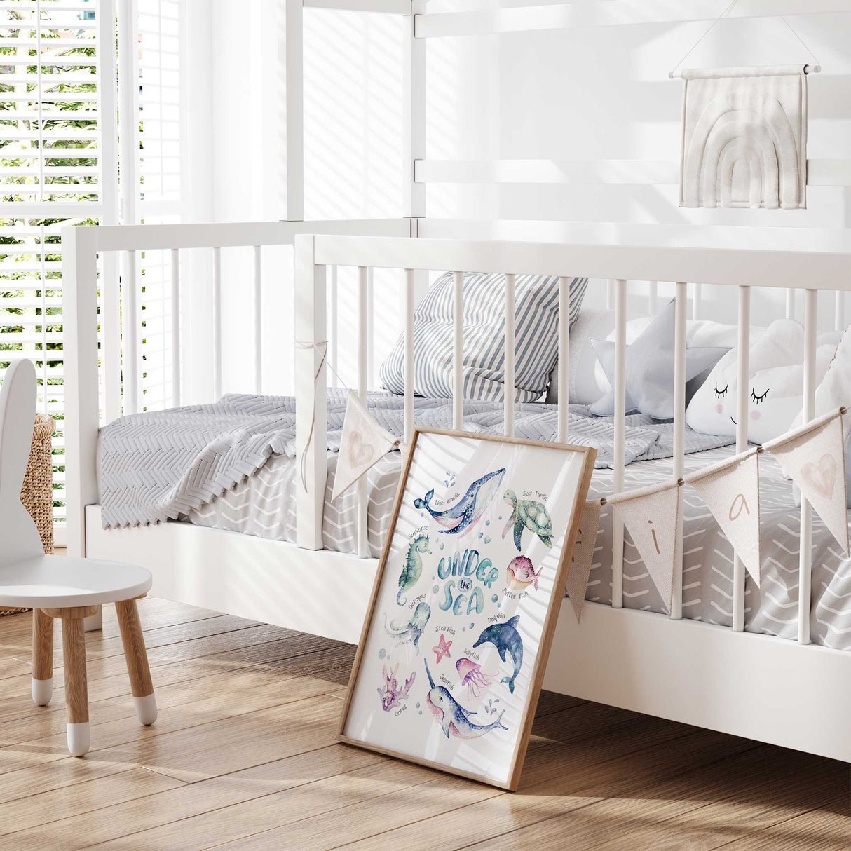 Under the Sea boys bedroom wall print with ocean animals illustration for kids decor