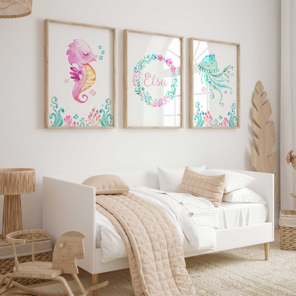 Under the sea nursery print set with jellyfish, seahorse, and personalised name for girls’ room or ocean-themed baby decor