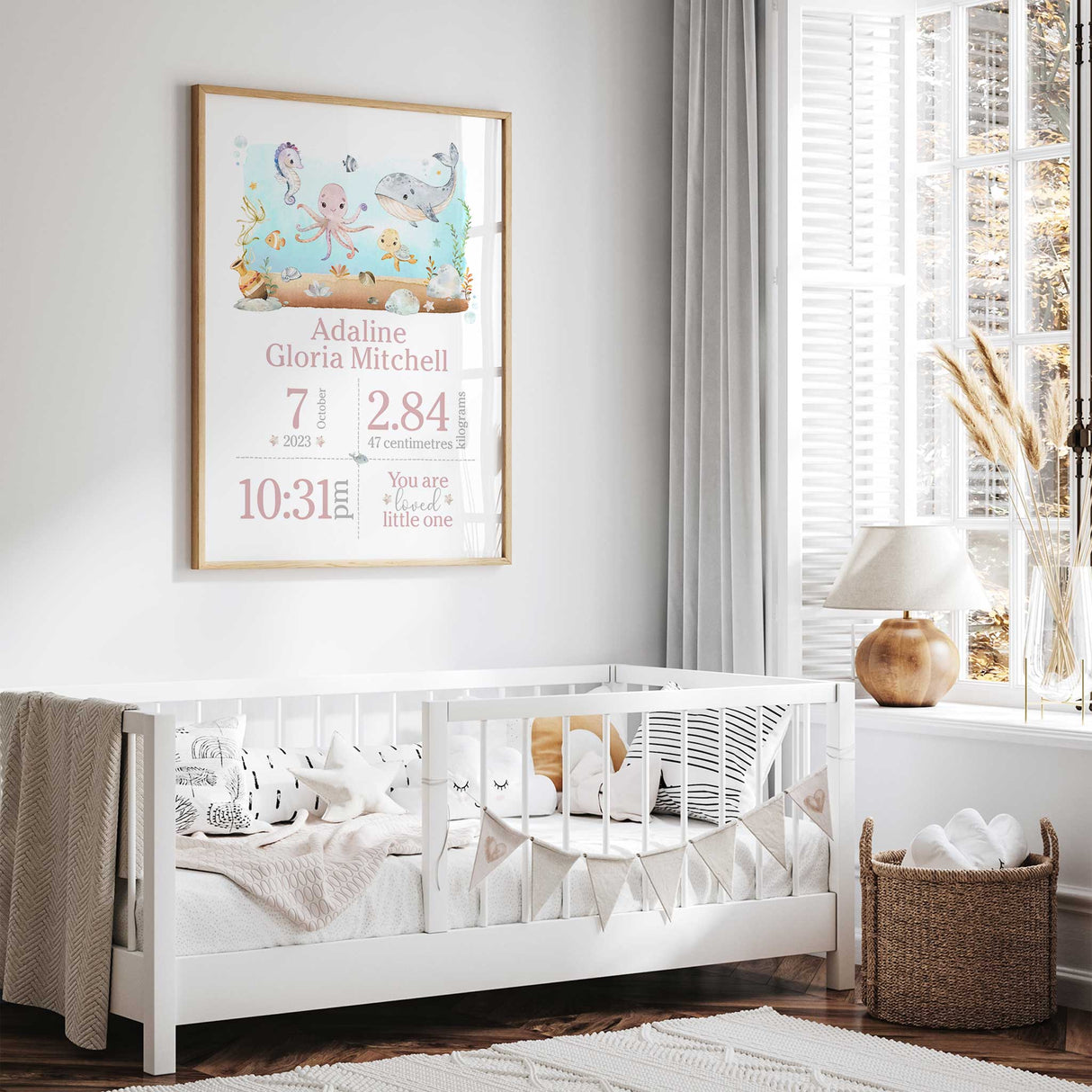 Undersea baby birth announcement artwork with personalised details