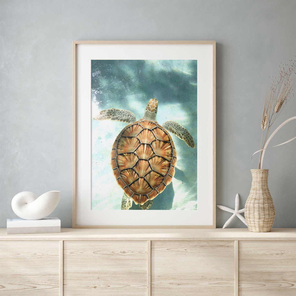 Underwater photography of a sea turtle with detailed shell patterns, suited for beach house interiors.