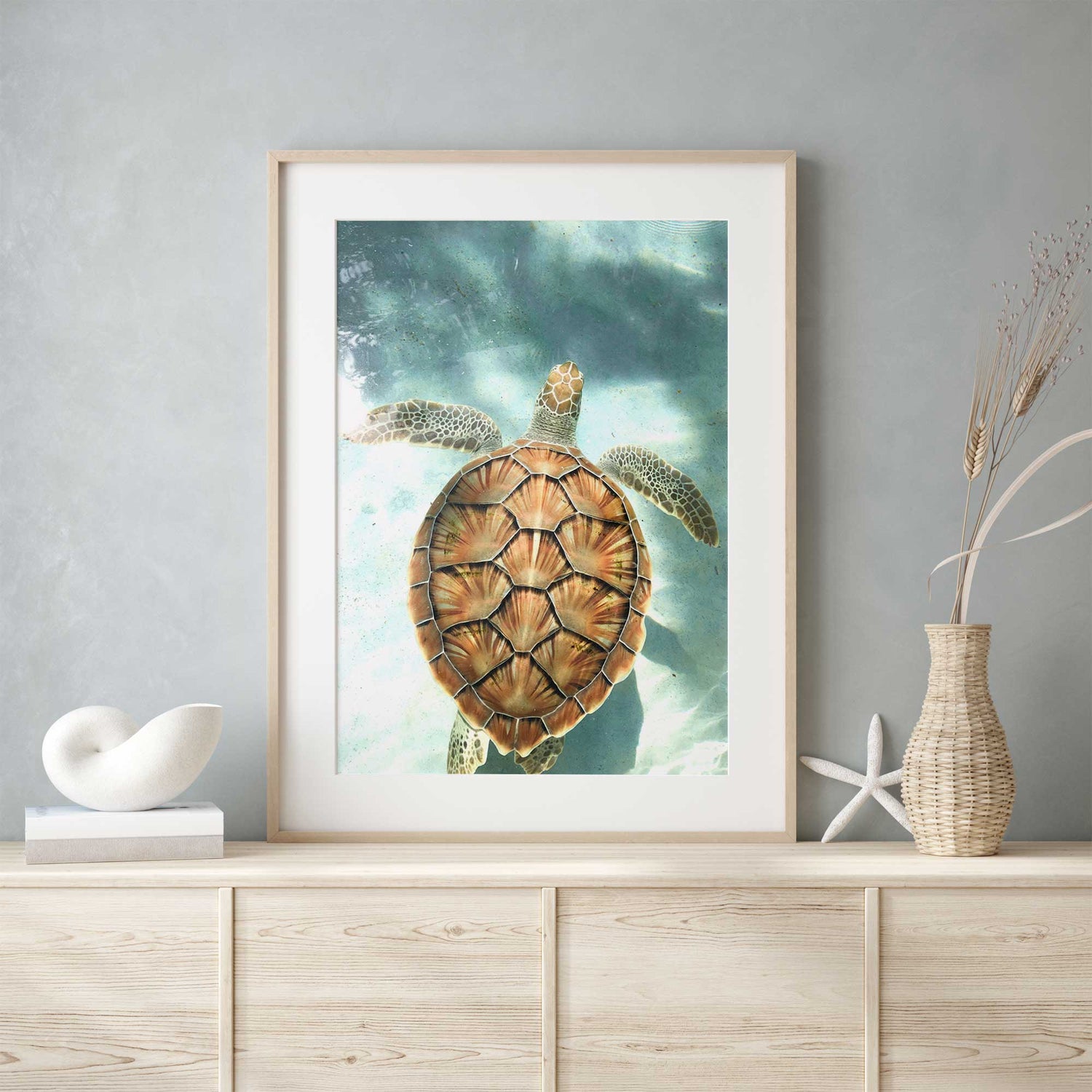 Underwater photography of a sea turtle with detailed shell patterns, suited for beach house interiors.