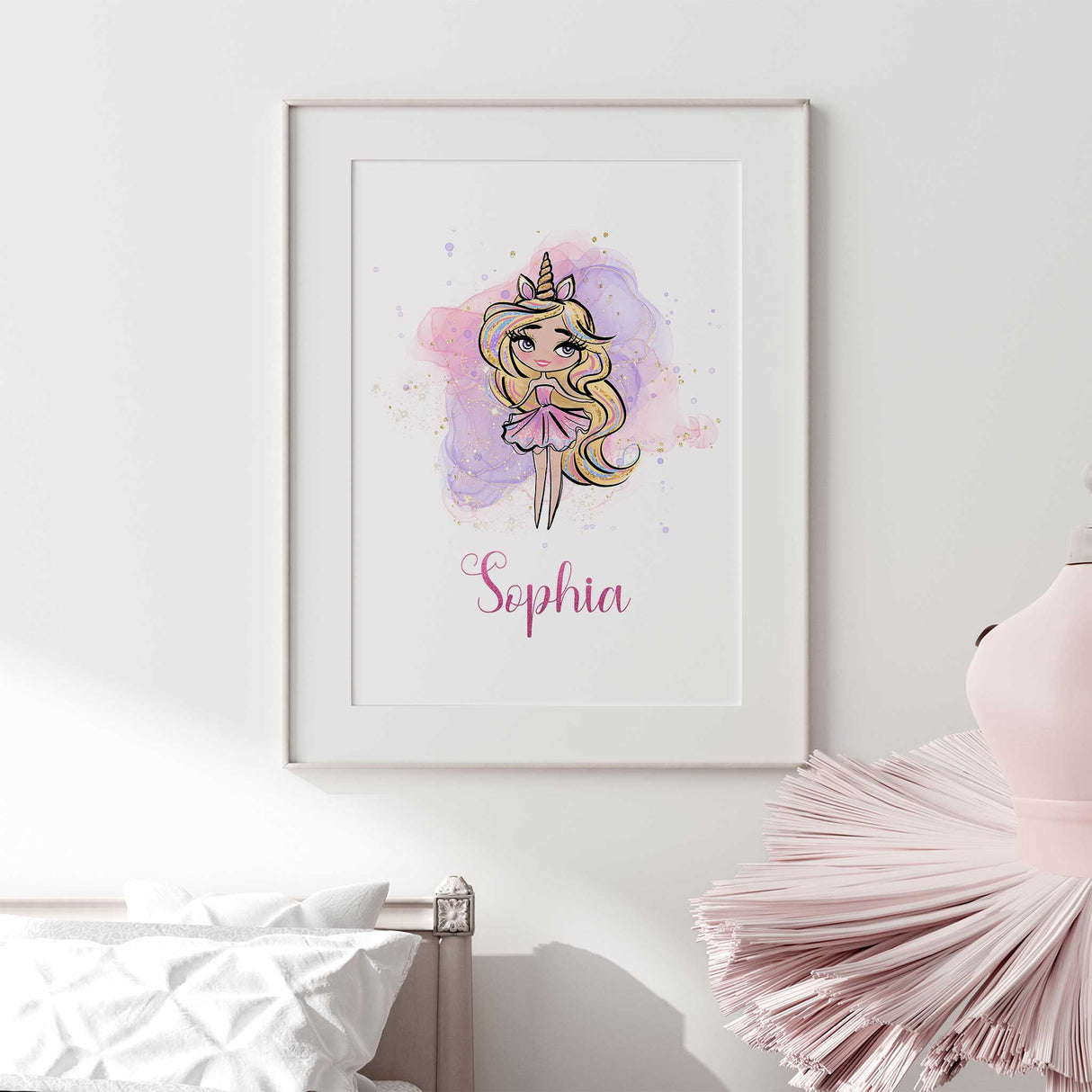 Unicorn girl wall art with personalised name on a pink and purple background