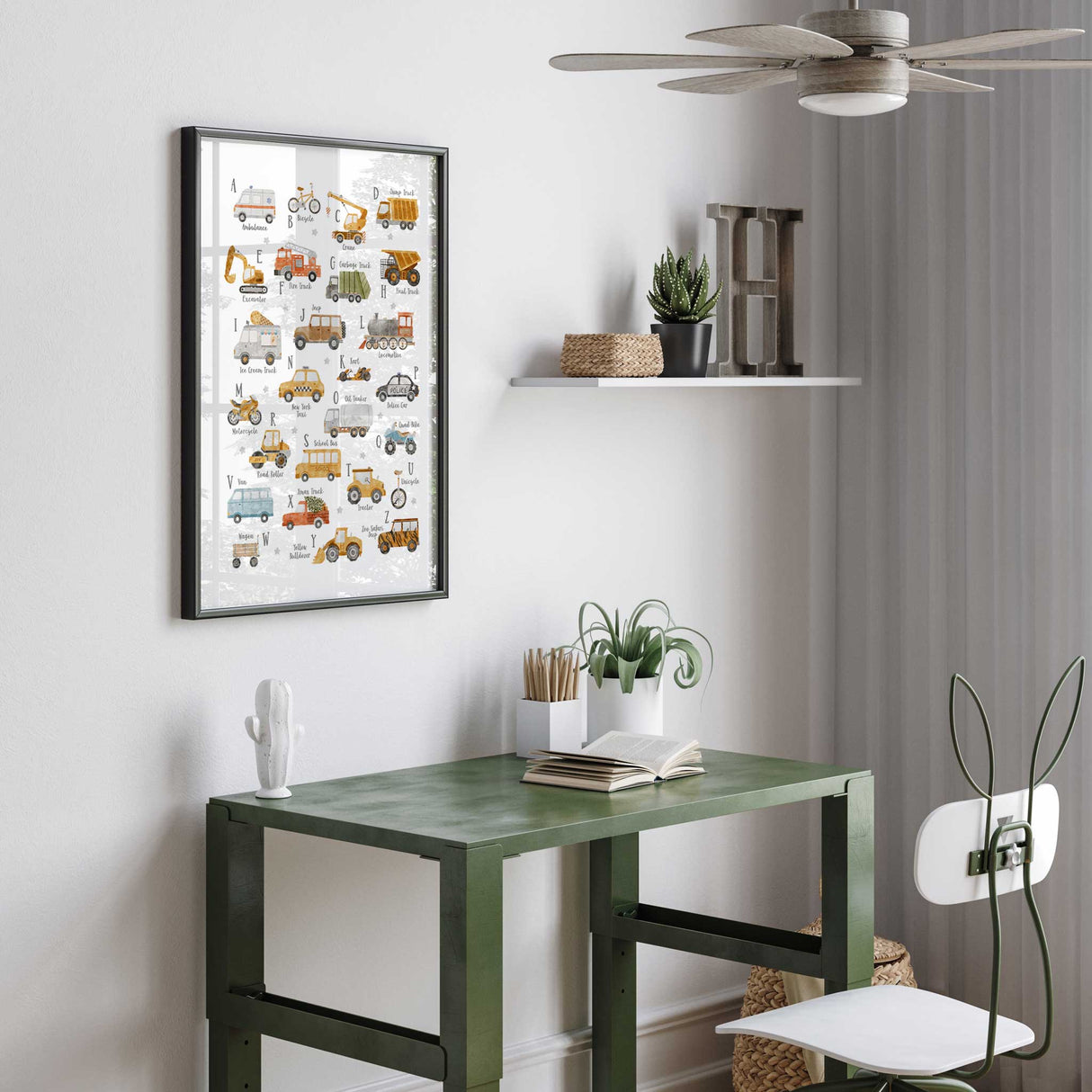 Vehicle themed ABC wall art print for a boys bedroom or playroom.