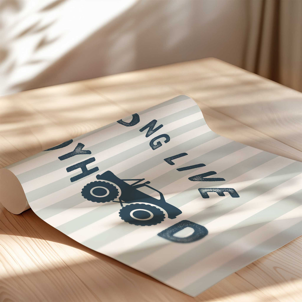 Kids truck wall print with quote and neutral stripe background