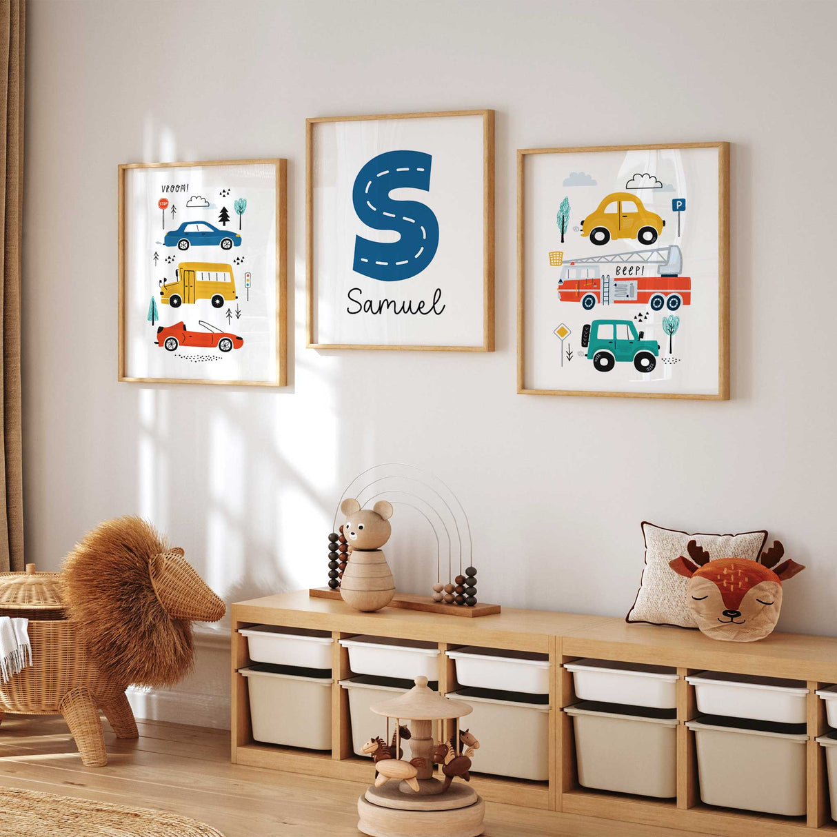 Vehicle nursery print set with cars and fire trucks, personalised name wall art for boys bedroom decor.