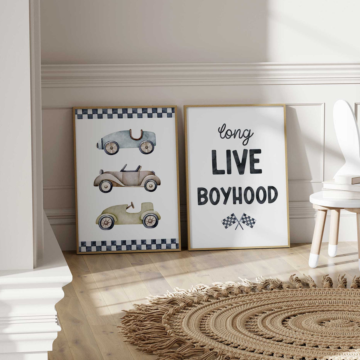 Two vintage race car prints with blue, taupe and olive cars, checkered borders and a Long Live Boyhood quote with flags.