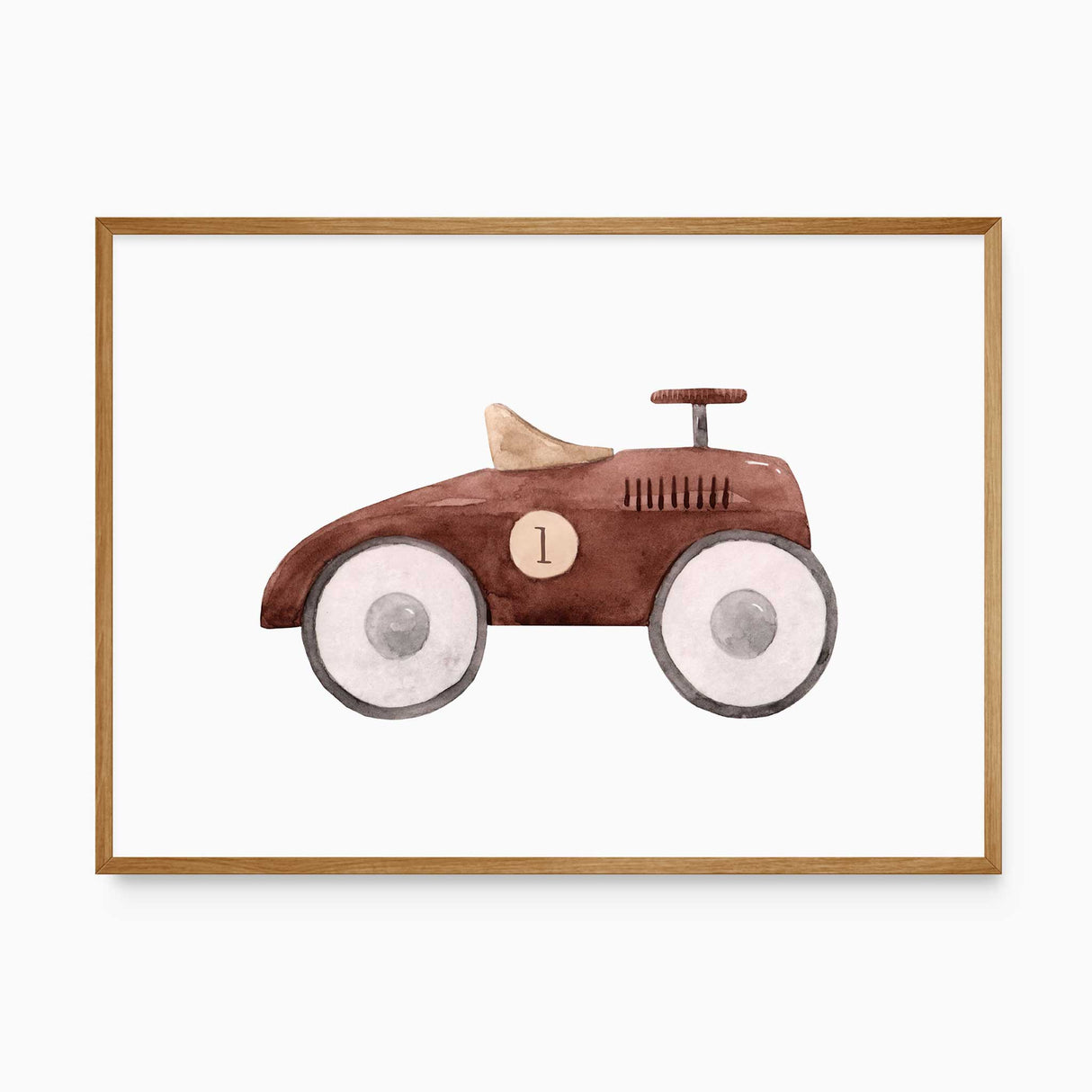 Retro style boys wall art featuring brown race car with number one on white background
