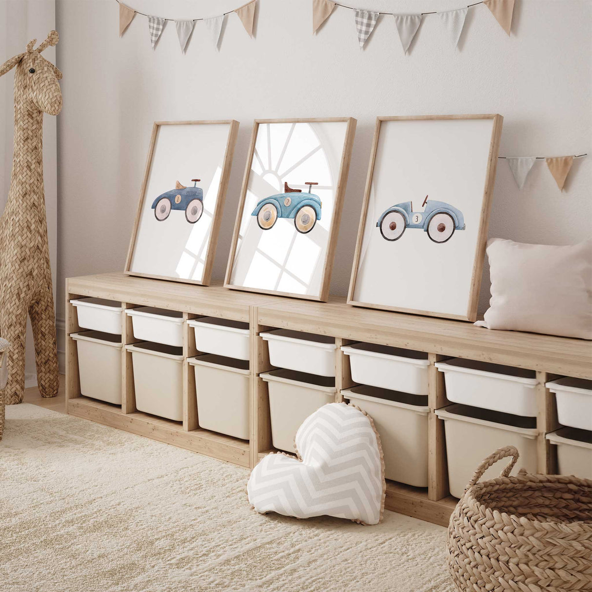 Retro car wall art for boys room featuring numbered nursery prints