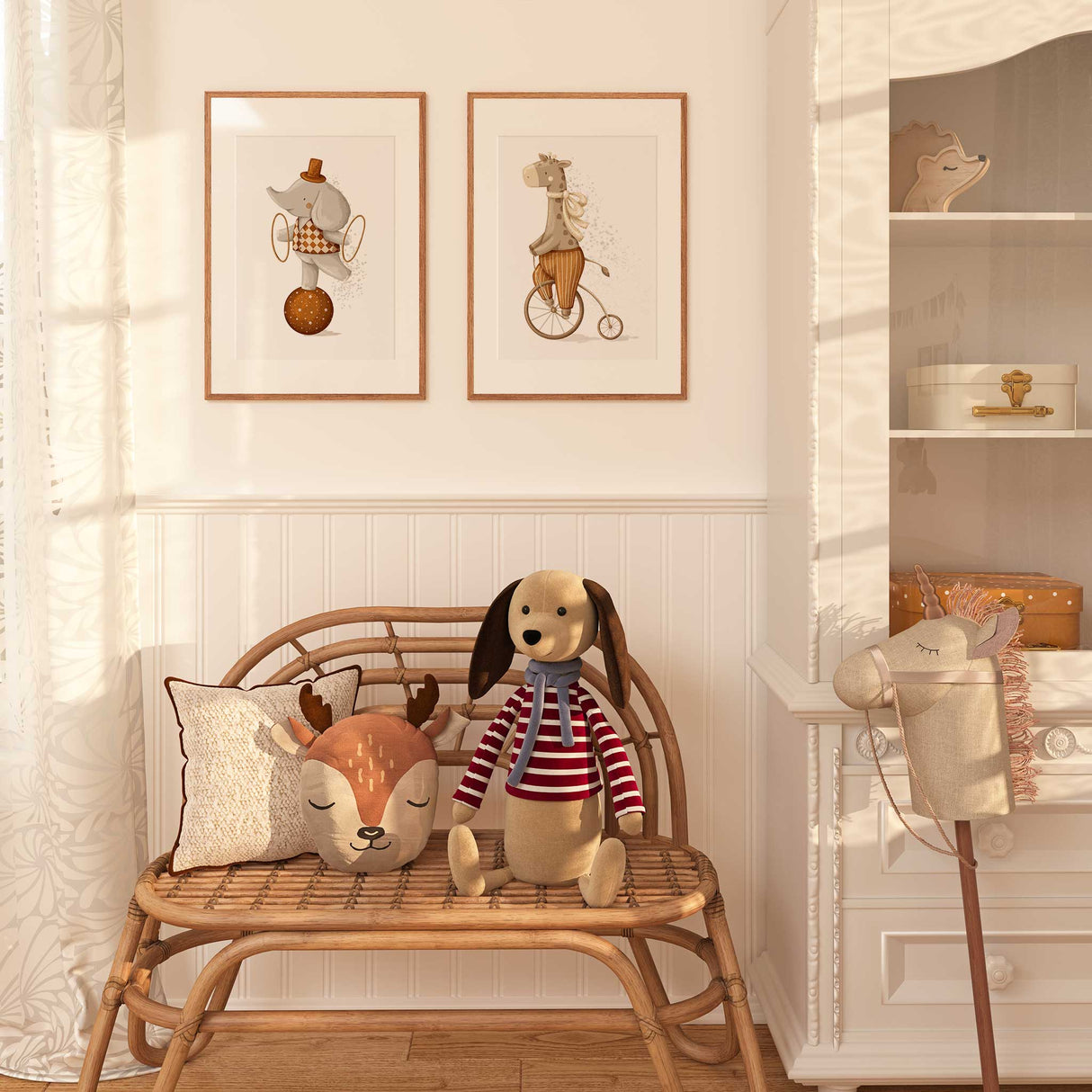 Vintage inspired circus nursery prints set with cute animals on a clean white background.