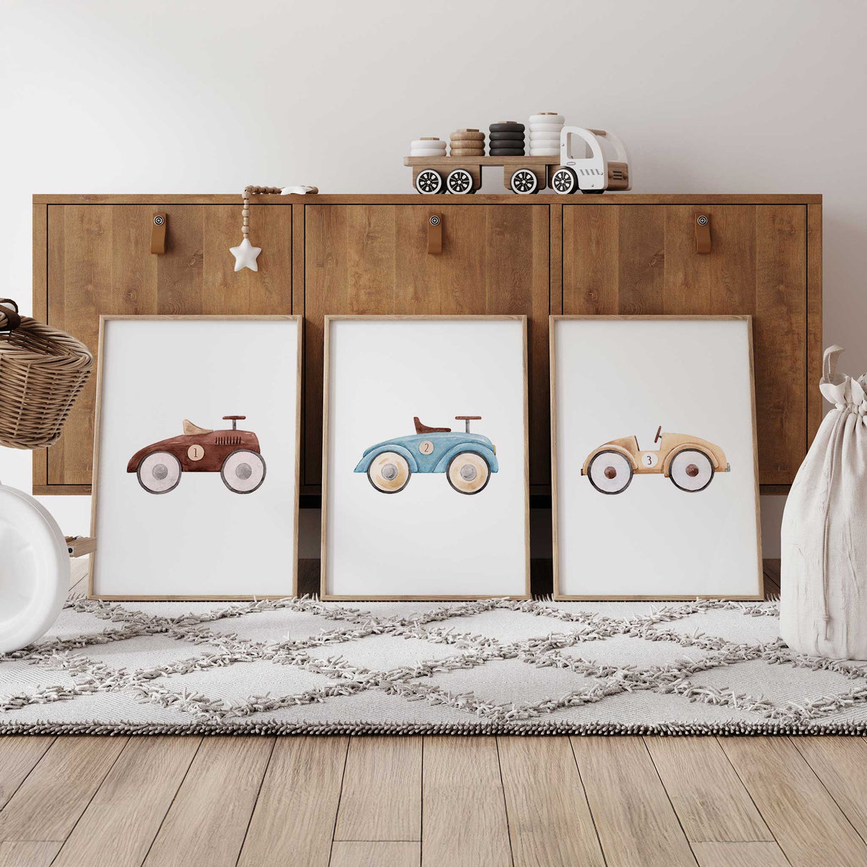 Watercolour vintage race car wall art set featuring brown, blue and beige toy cars numbered 1 to 3. Perfect for boys nursery or kids room décor. Available in multiple standard print sizes to suit both Australian and international frames
