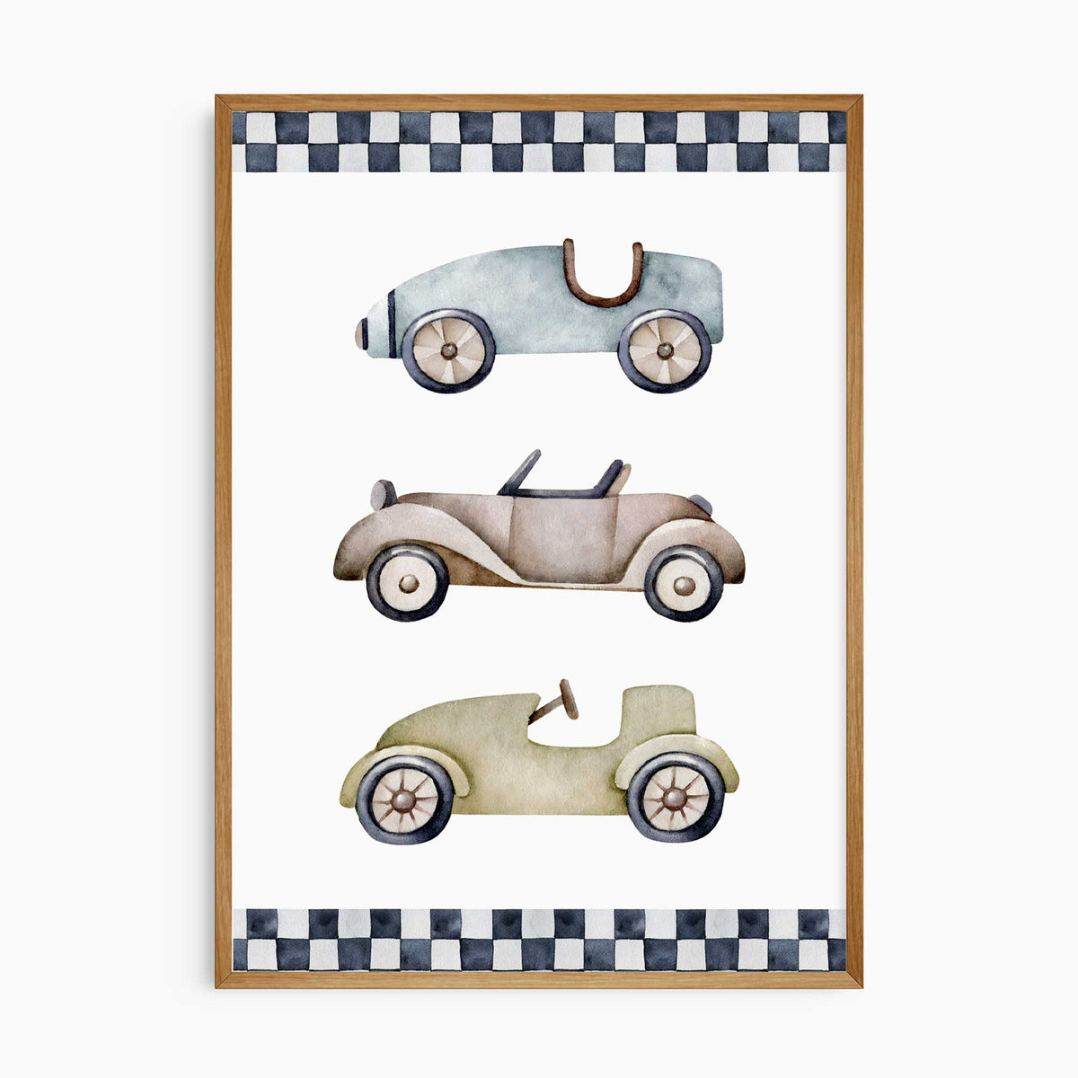 Three watercolour vintage-style cars in muted blue, taupe and olive green with charcoal checkered borders on white.