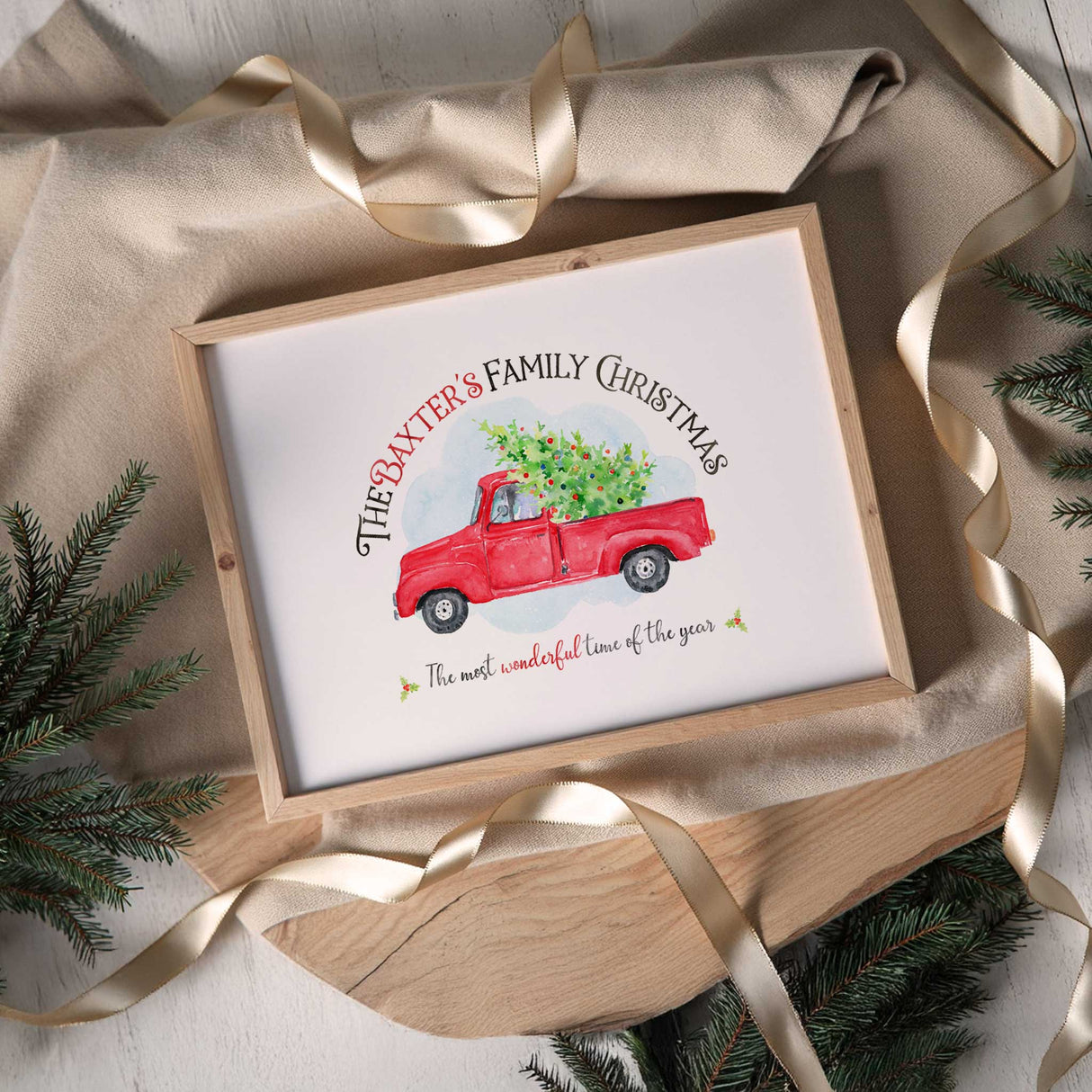 Vintage truck carrying tree holiday print in festive watercolour style.