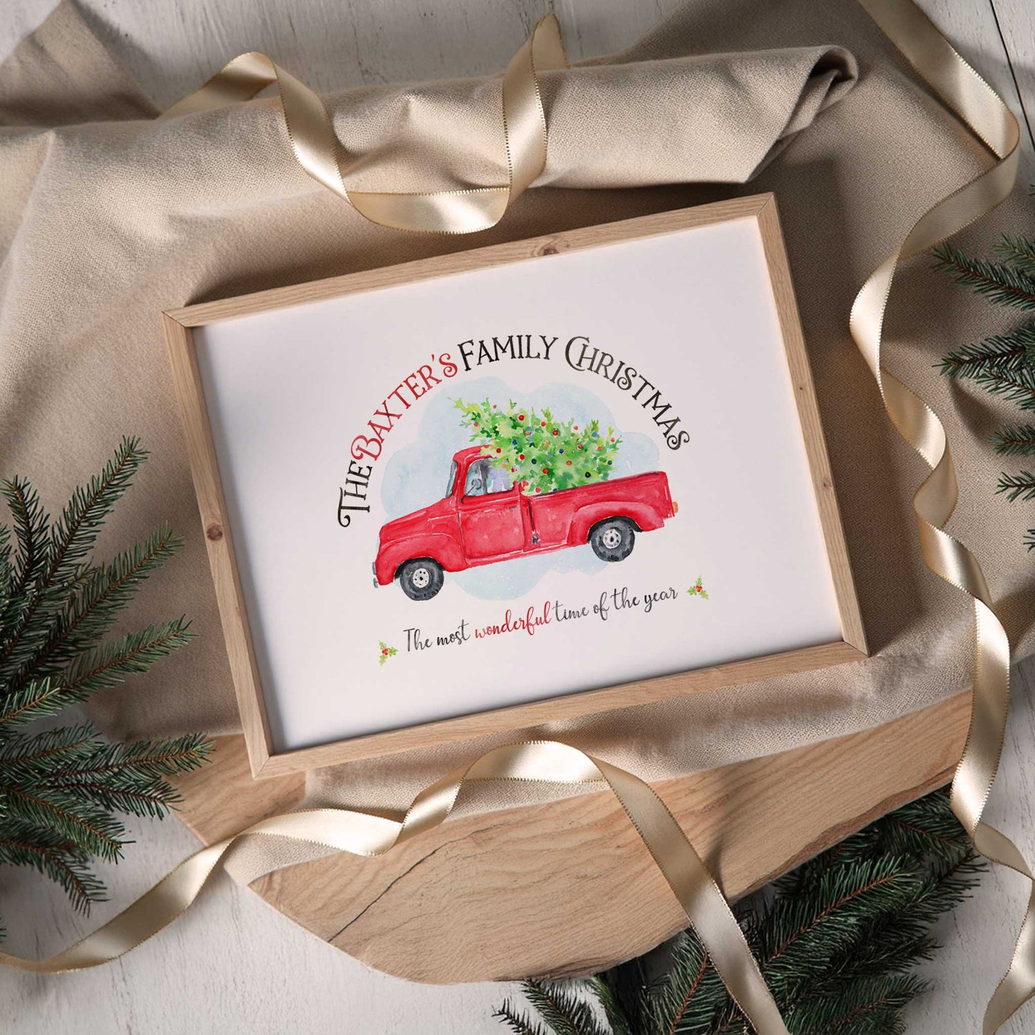 Vintage truck carrying tree holiday print in festive watercolour style.