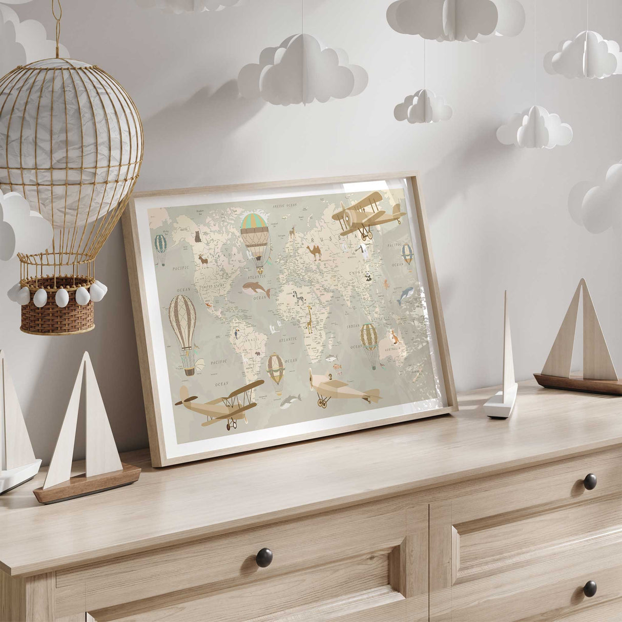 Neutral tone children's world map print with vintage airplanes and wildlife designs