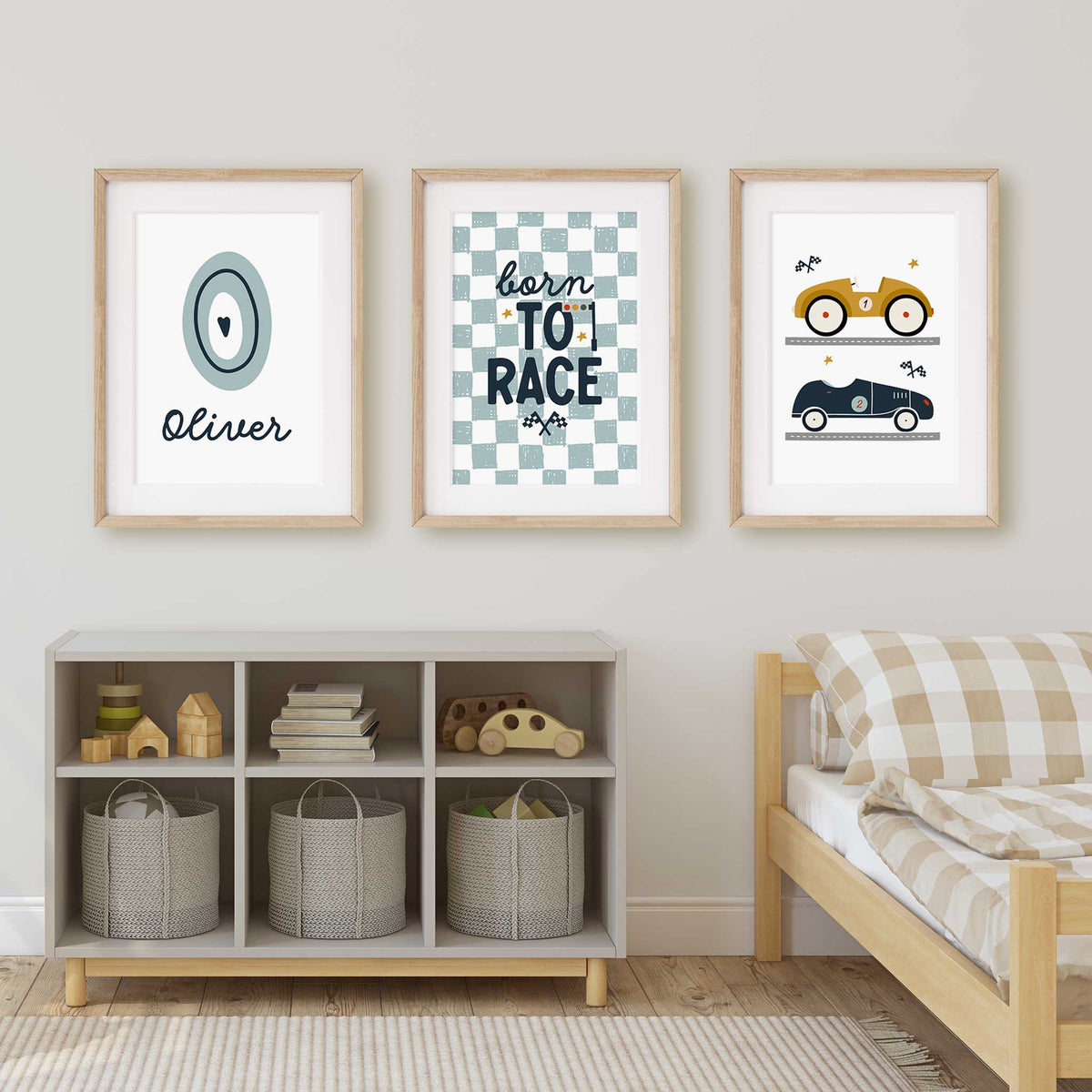 Race car print set featuring an O initial with Oliver name, blue-green Born to Race checks and two illustrated cars