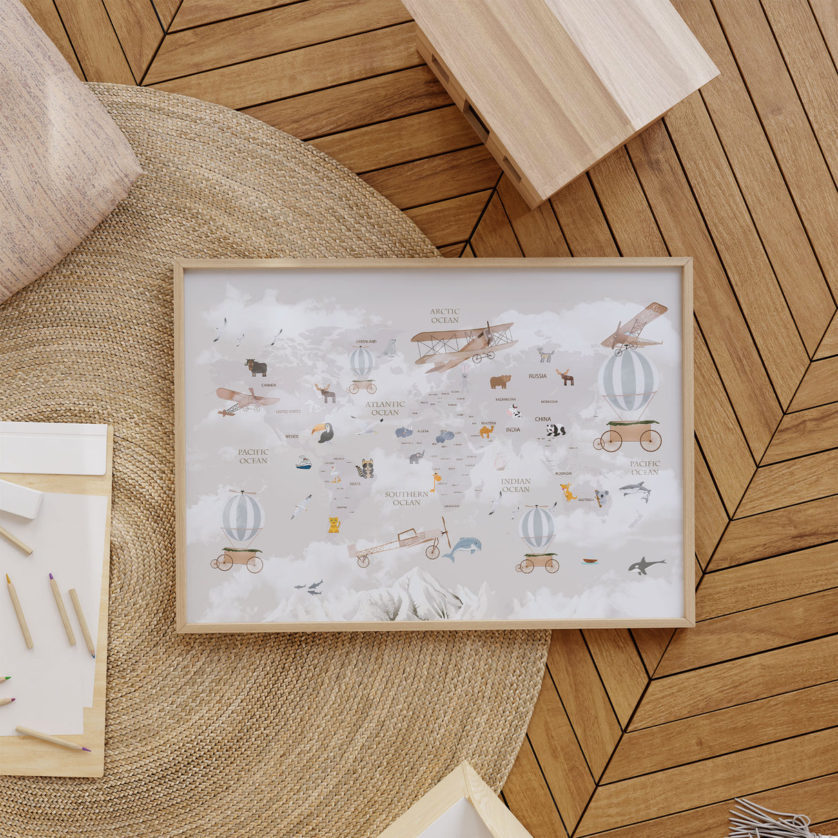 Vintage style world map nursery print with soft neutral tones, animals, hot air balloons and aeroplanes for a baby or kids room.