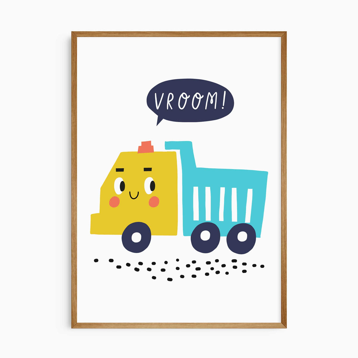 Yellow and teal cartoon dump truck print with a smiling face, navy wheels, scattered stones and a Vroom speech bubble.