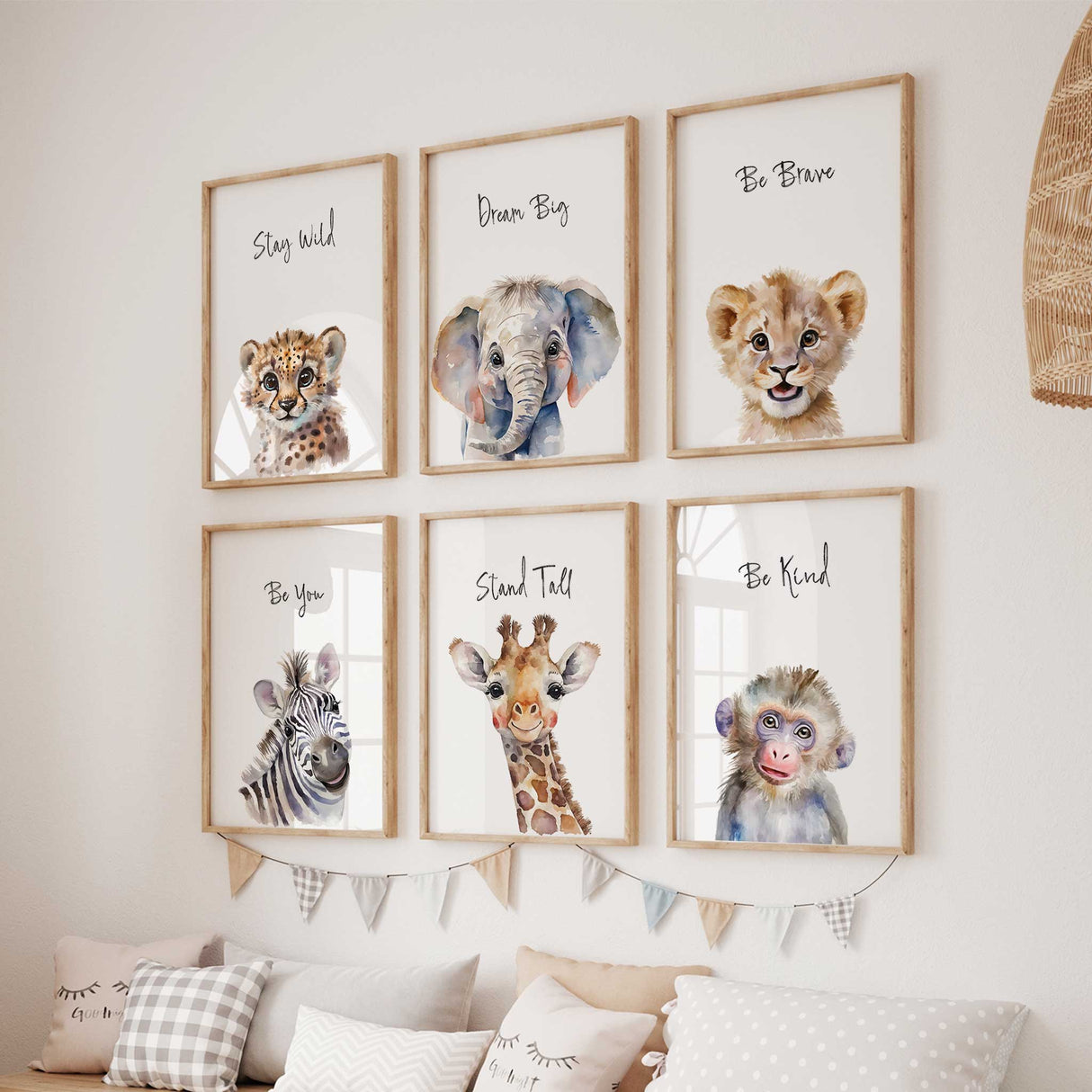 Watercolor safari animal prints – zebra, giraffe, monkey, lion, elephant, and cheetah wall art for boys' and girls' rooms.