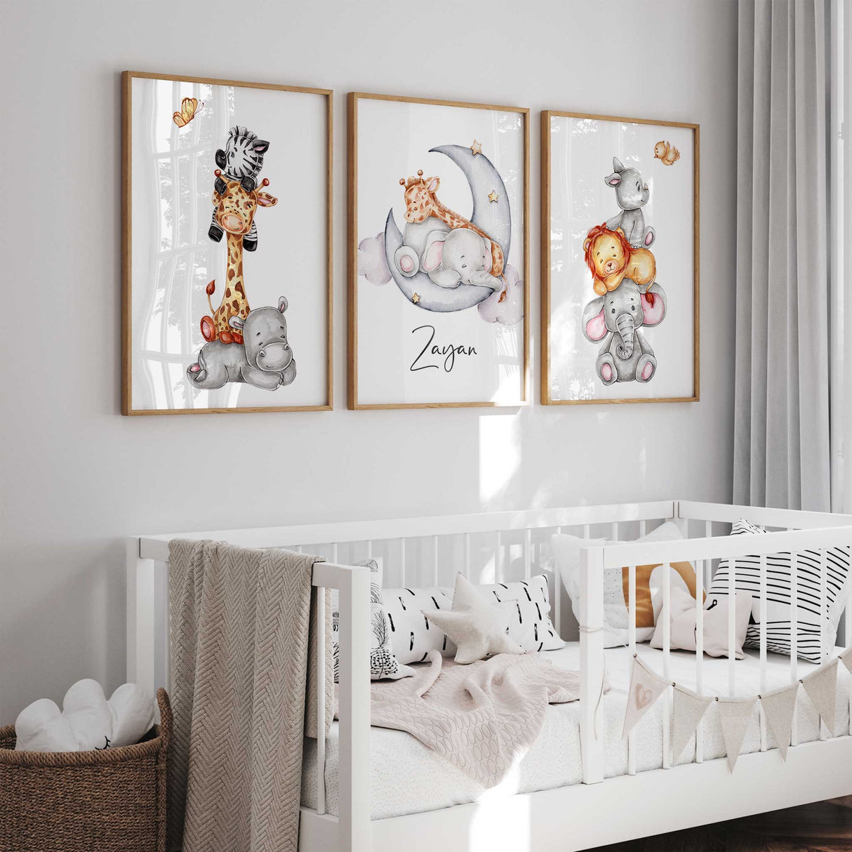 Watercolor safari animal print for baby nursery decor