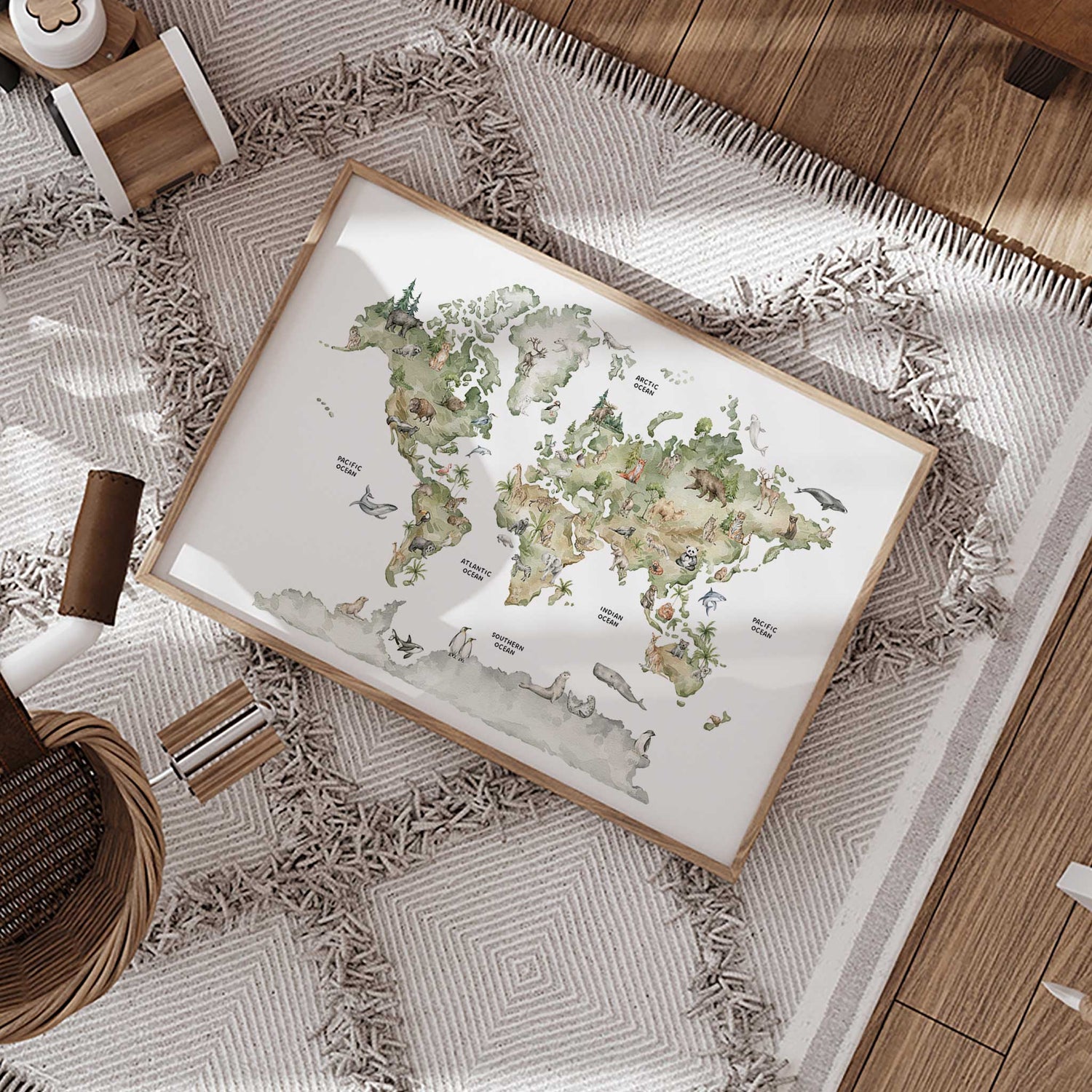 Educational kids world map print with hand painted animals from every continent, perfect for nursery decor.