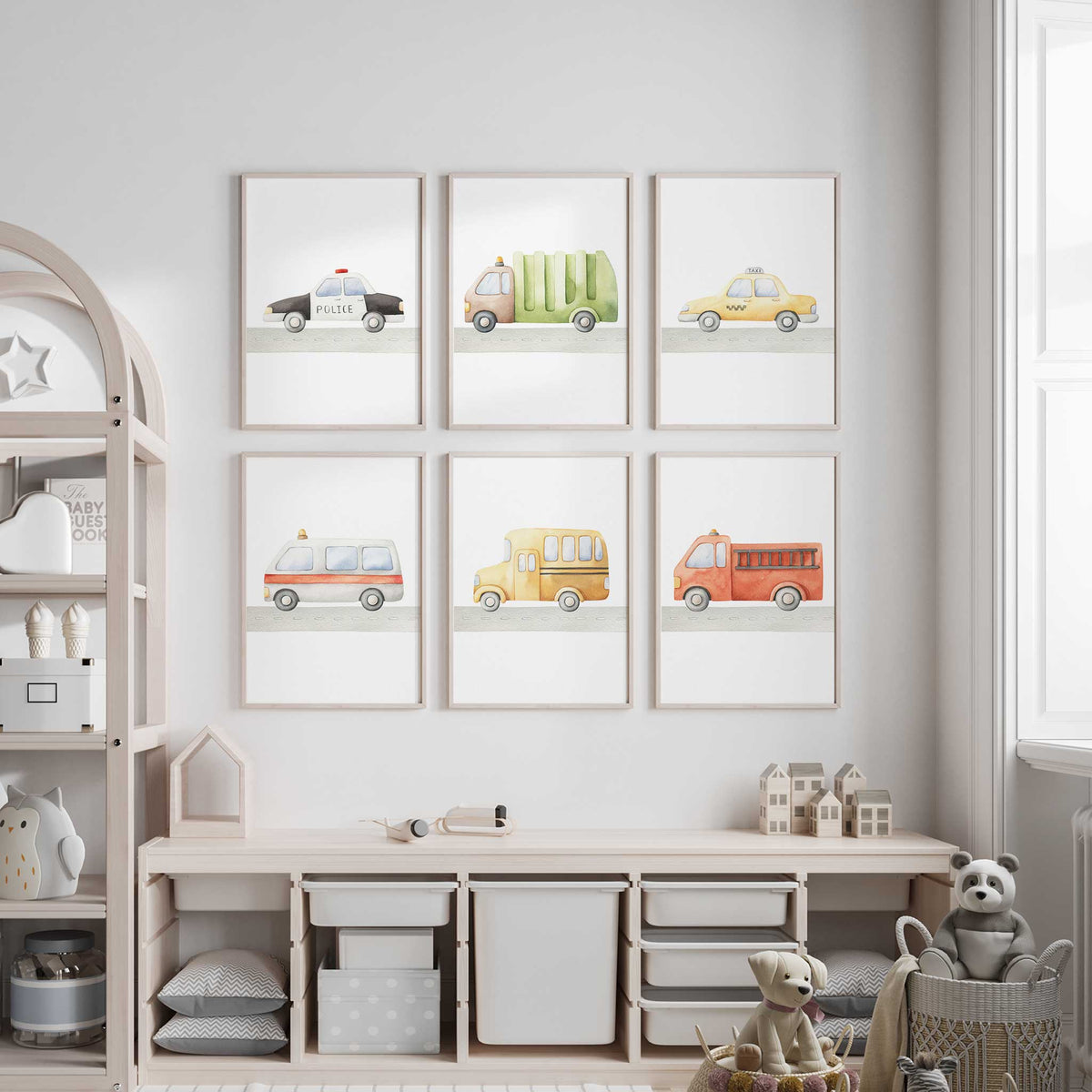 Six vehicle prints with a police car, rubbish truck, taxi, ambulance, school bus and fire truck in watercolour.