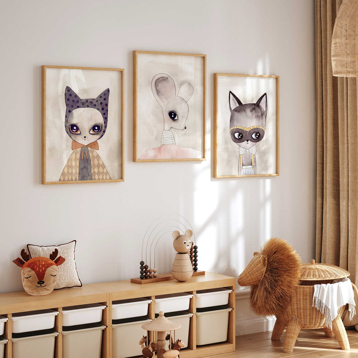 Watercolour cat, mouse, and kitten character wall art prints for nursery décor.