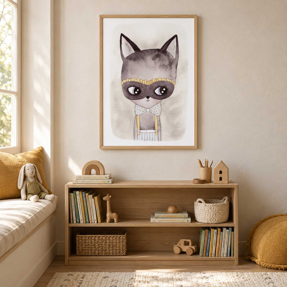 Watercolour grey cat character wearing a bow tie and suspenders in soft neutral tones for a child’s bedroom