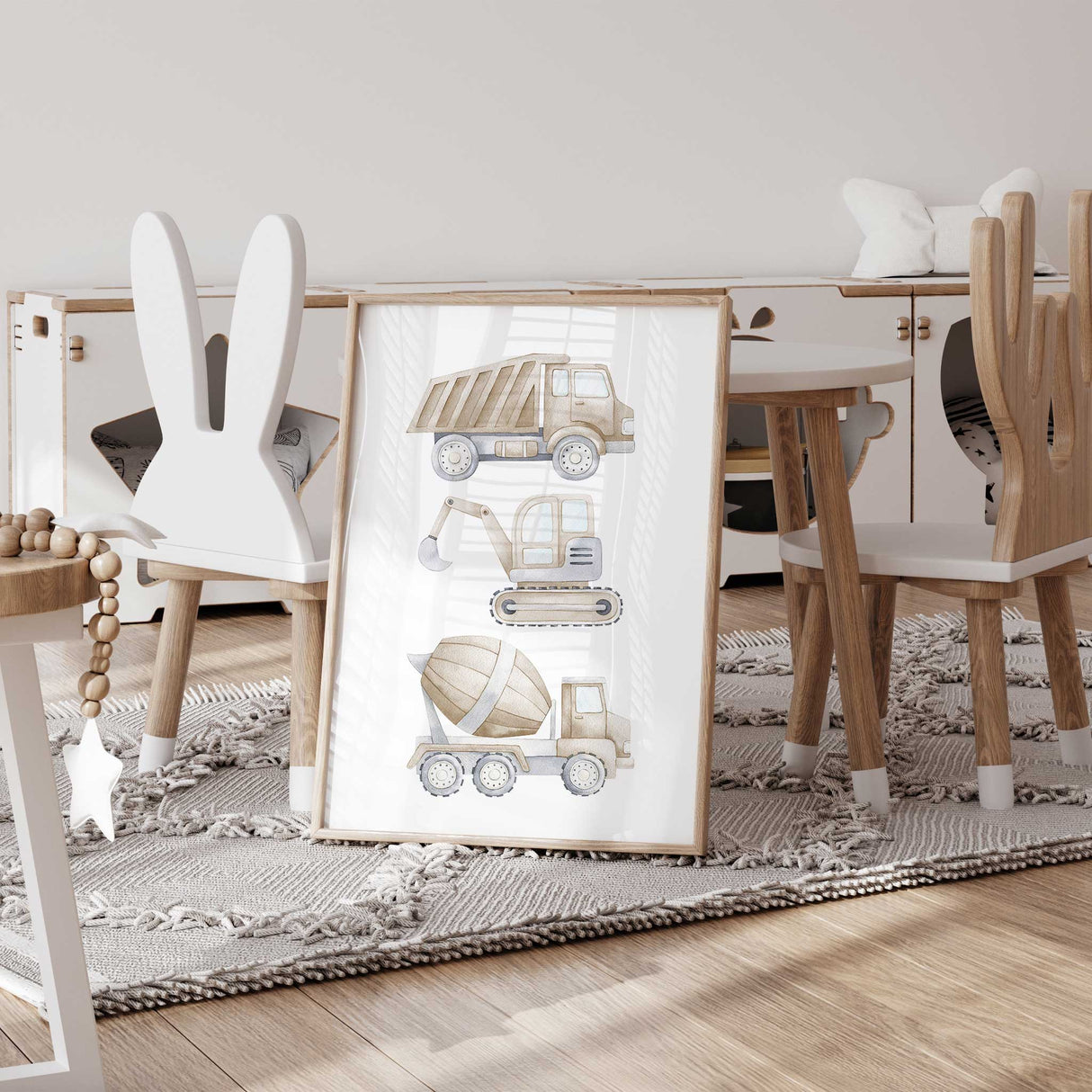 Neutral beige watercolour construction vehicle print with soft trucks and digger for boys nursery or playroom décor.