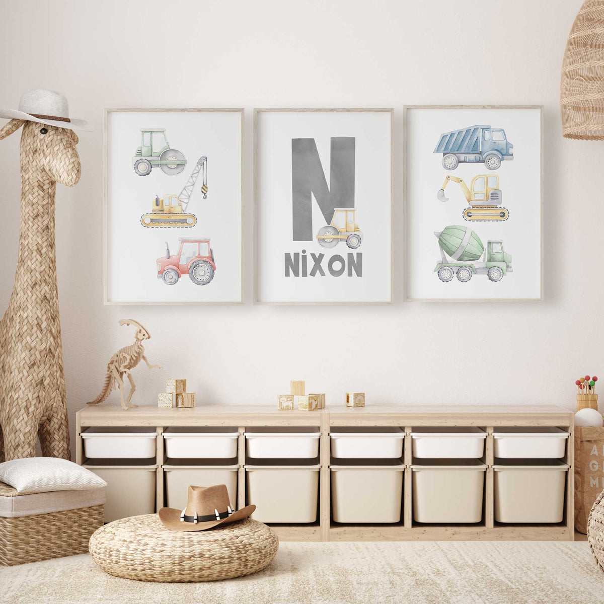 Construction vehicle print set with watercolour trucks, digger, crane, tractor and rollers