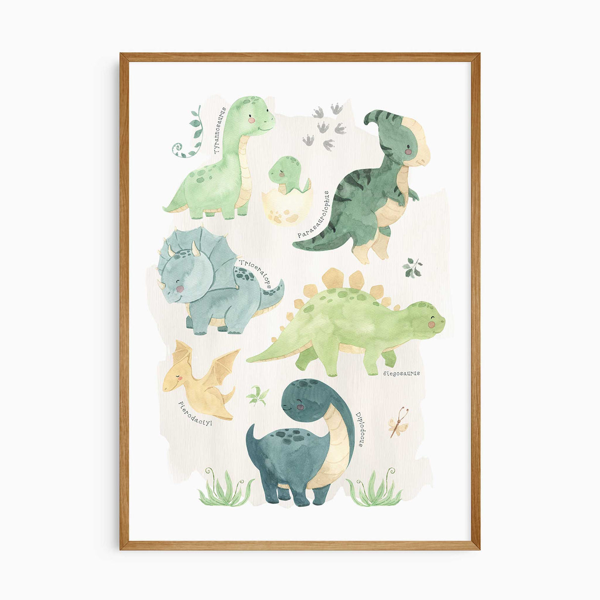 Watercolour dinosaur poster for kids with labelled prehistoric characters