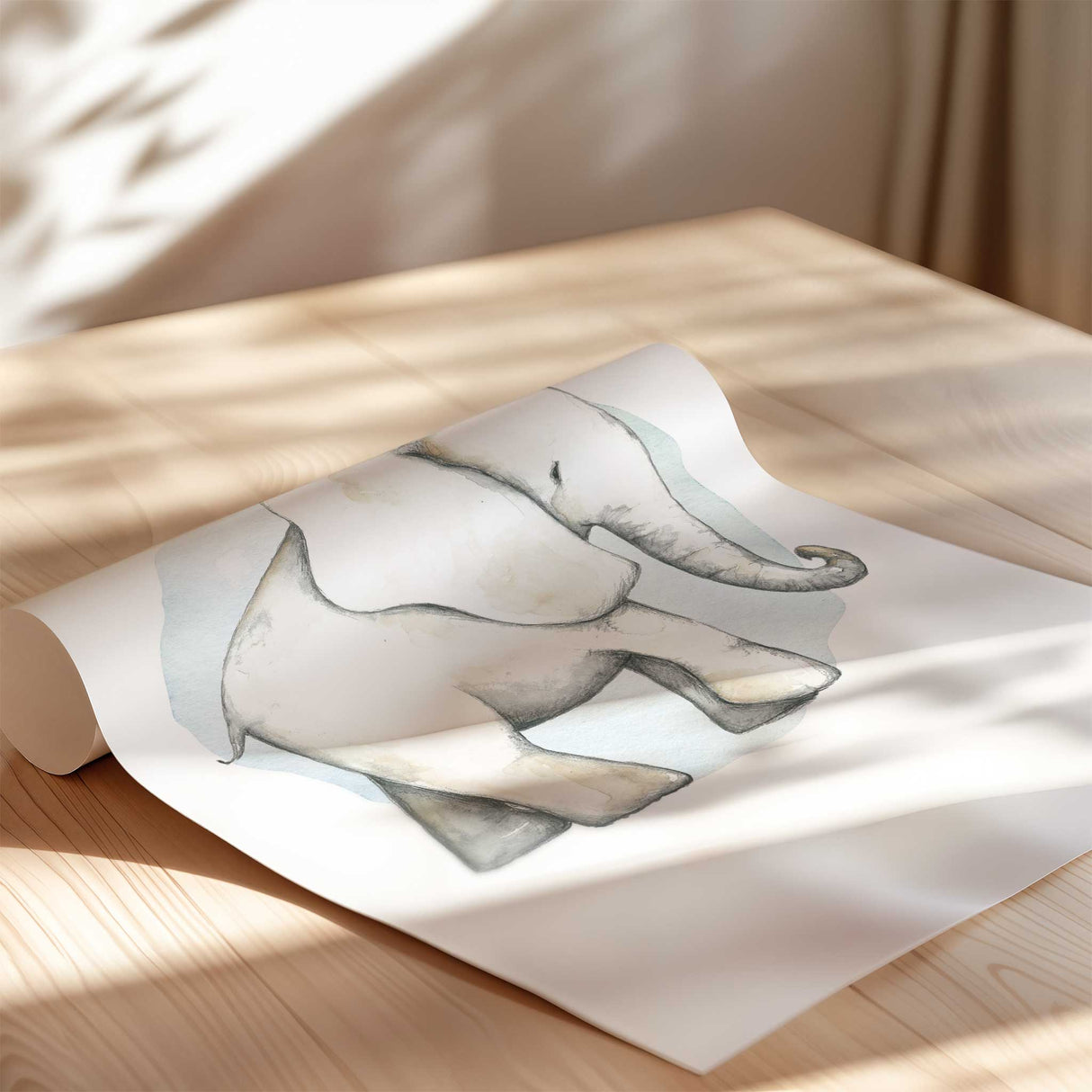 Watercolour elephant nursery print with soft grey tones and a pale blue background circle, designed for boys room décor and minimalist nursery wall art.