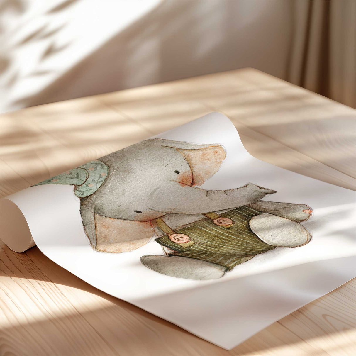 Watercolour elephant nursery wall art in green overalls for boys baby room