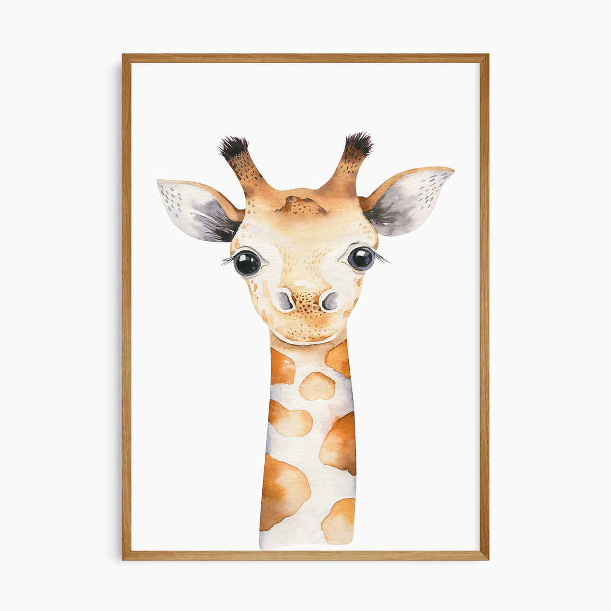 Baby giraffe nursery print featuring a soft watercolour portrait with warm golden patches on a white background.