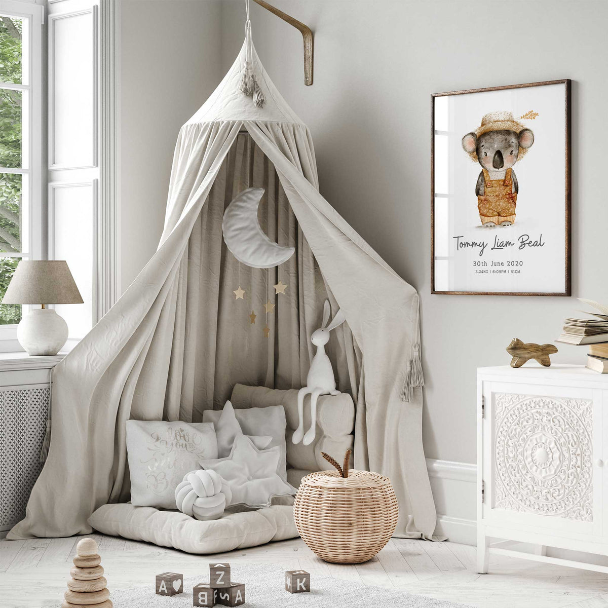 Watercolour koala birth print featuring an ochre outfit, straw hat and the baby’s personalised birth information