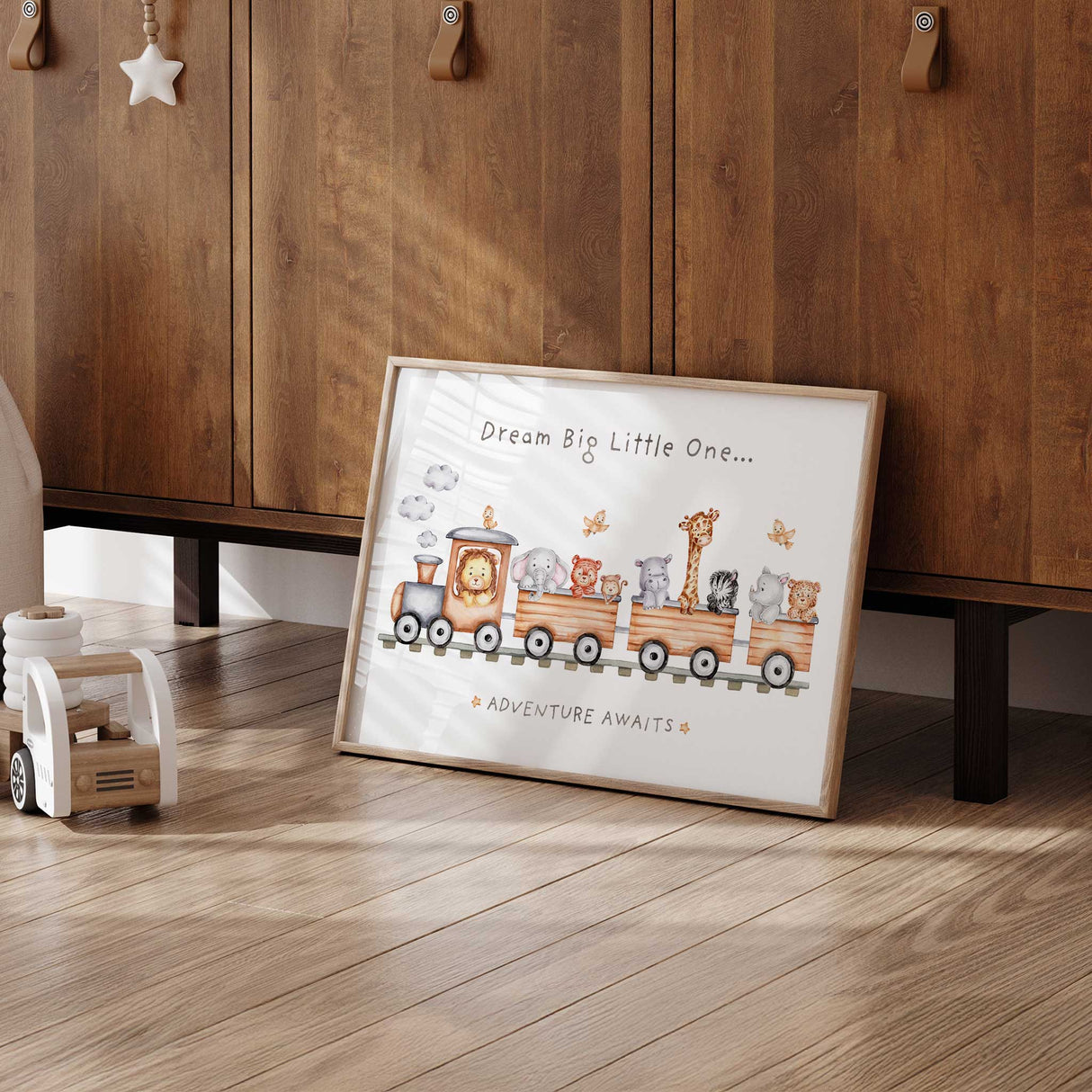 Watercolour safari animal train print featuring lion, elephant, giraffe, zebra, and more for kids room
